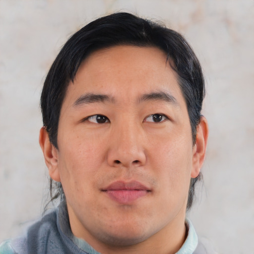 Neutral asian adult male with short  brown hair and brown eyes