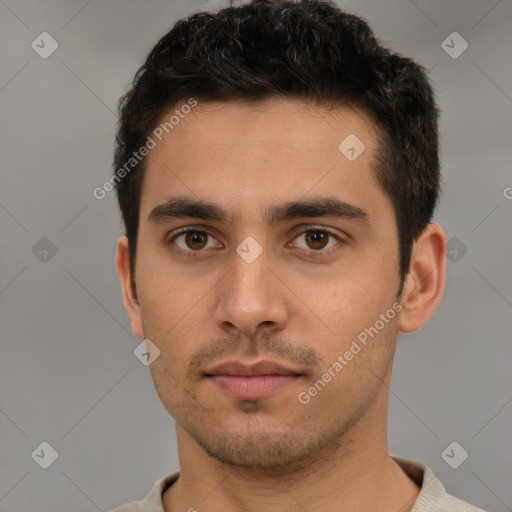 Neutral white young-adult male with short  brown hair and brown eyes