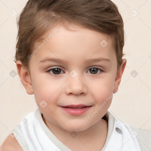 Joyful white child female with short  brown hair and brown eyes