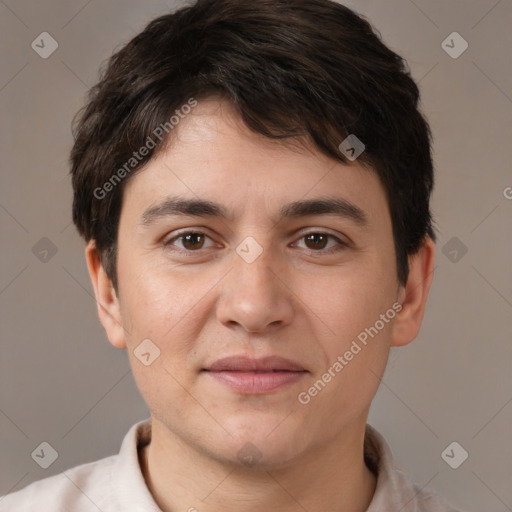 Joyful white young-adult male with short  brown hair and brown eyes