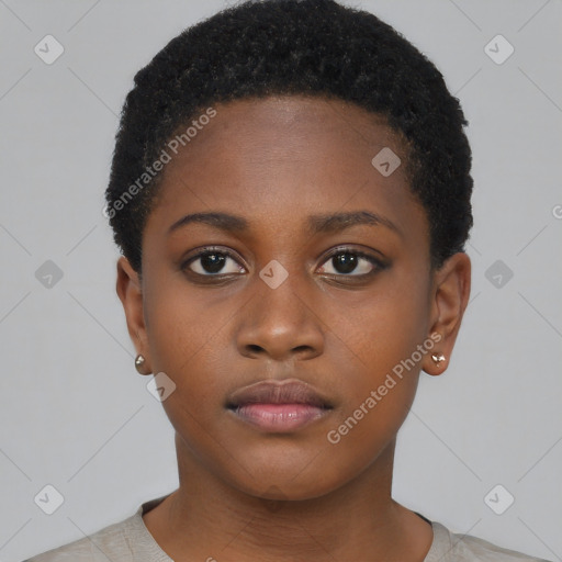 Neutral black young-adult female with short  brown hair and brown eyes