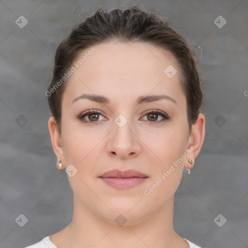 Neutral white young-adult female with short  brown hair and brown eyes