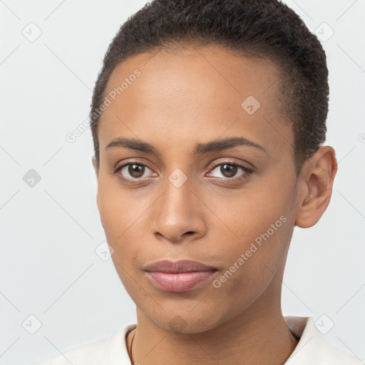 Neutral black young-adult female with short  brown hair and brown eyes