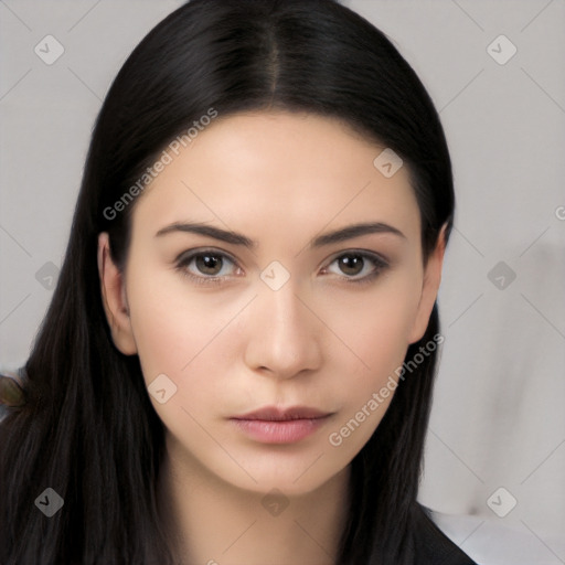 Neutral white young-adult female with long  brown hair and brown eyes