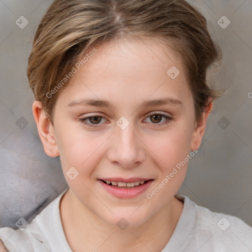 Joyful white child female with short  brown hair and brown eyes