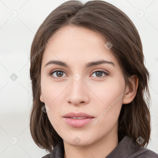 Neutral white young-adult female with medium  brown hair and grey eyes