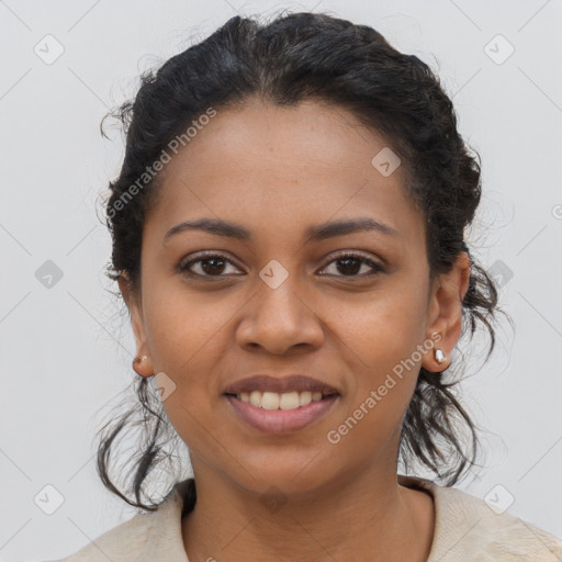 Joyful latino young-adult female with short  brown hair and brown eyes