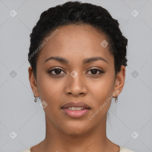 Joyful latino young-adult female with short  black hair and brown eyes