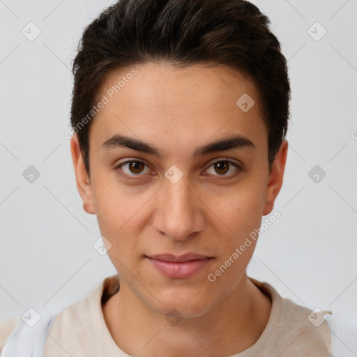 Joyful white young-adult female with short  brown hair and brown eyes