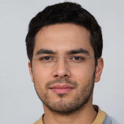 Neutral asian young-adult male with short  black hair and brown eyes