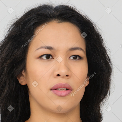 Neutral asian young-adult female with long  brown hair and brown eyes