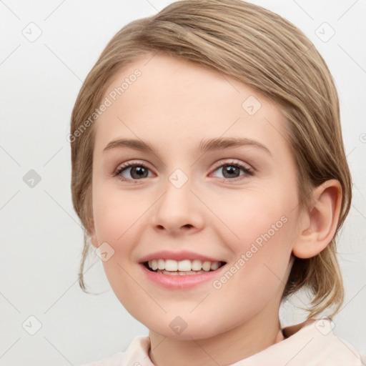 Joyful white young-adult female with medium  brown hair and blue eyes