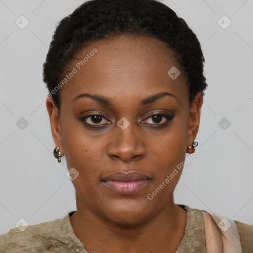 Neutral black young-adult female with short  black hair and brown eyes