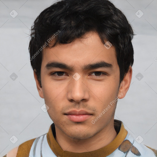 Neutral asian young-adult male with short  black hair and brown eyes