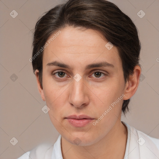 Neutral white young-adult female with medium  brown hair and brown eyes