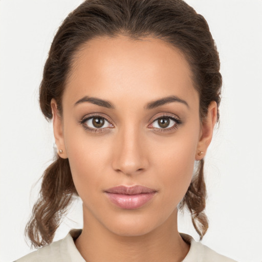 Neutral white young-adult female with medium  brown hair and brown eyes