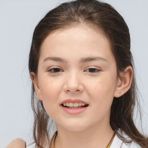 Joyful white child female with medium  brown hair and brown eyes