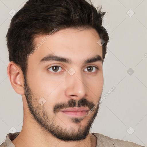 Neutral white young-adult male with short  brown hair and brown eyes