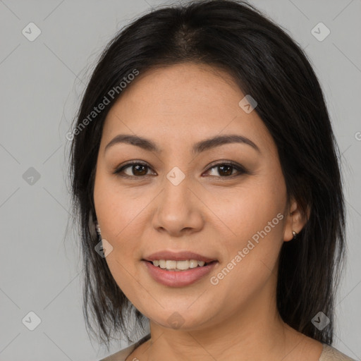 Joyful asian young-adult female with medium  brown hair and brown eyes