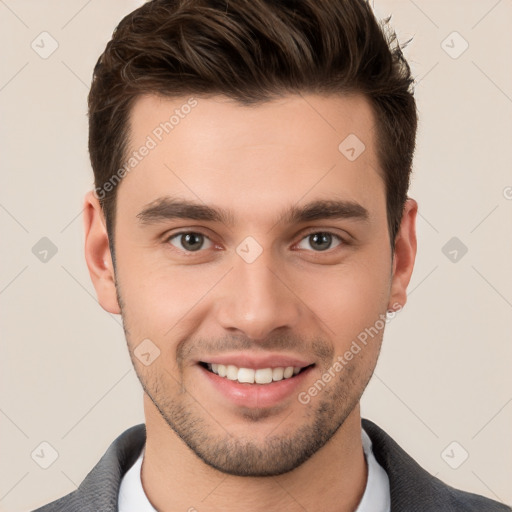 Joyful white young-adult male with short  brown hair and brown eyes