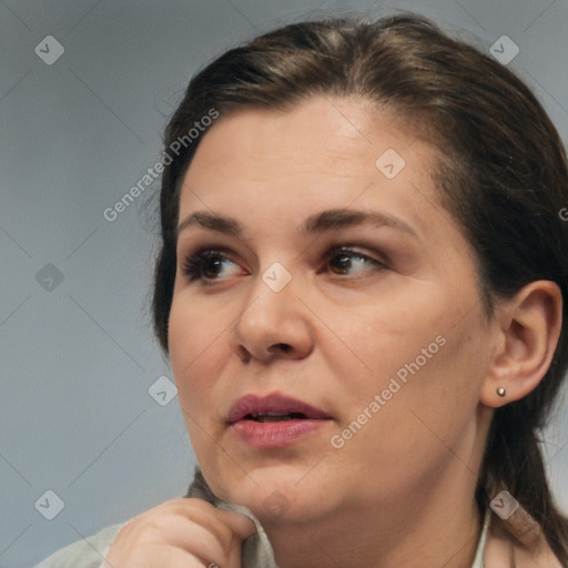 Neutral white young-adult female with medium  brown hair and brown eyes