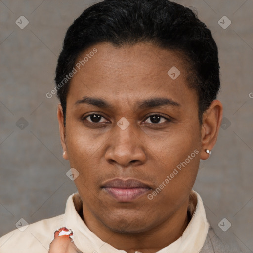 Neutral latino young-adult female with short  black hair and brown eyes