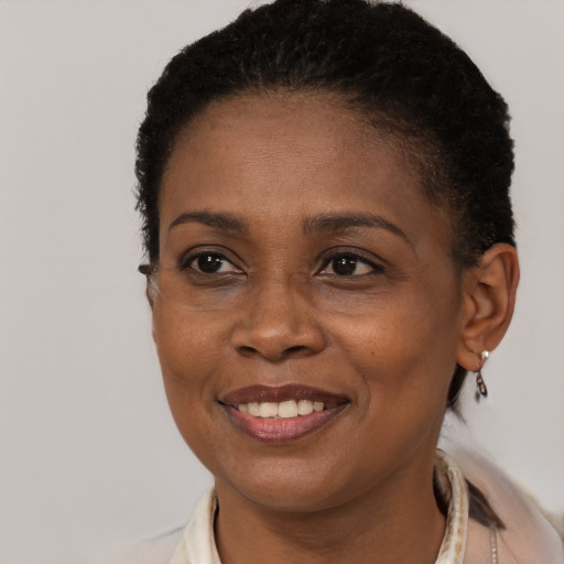 Joyful black adult female with short  brown hair and brown eyes