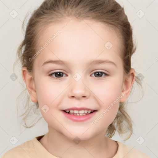 Joyful white child female with medium  brown hair and brown eyes