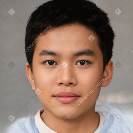 Neutral asian young-adult male with short  brown hair and brown eyes