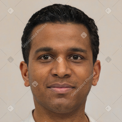 Neutral latino young-adult male with short  black hair and brown eyes