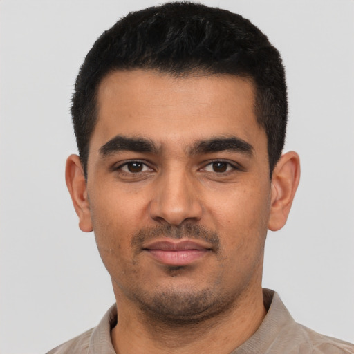 Neutral latino young-adult male with short  black hair and brown eyes