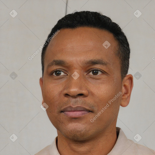Neutral black adult male with short  black hair and brown eyes