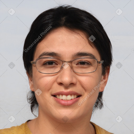 Joyful white adult female with medium  brown hair and brown eyes