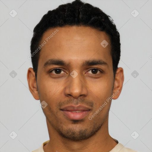 Neutral latino young-adult male with short  black hair and brown eyes