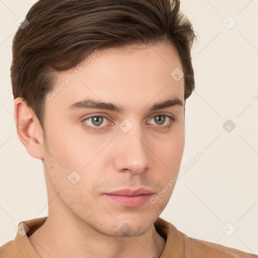 Neutral white young-adult male with short  brown hair and brown eyes