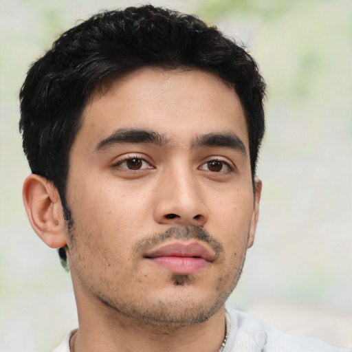 Neutral asian young-adult male with short  black hair and brown eyes