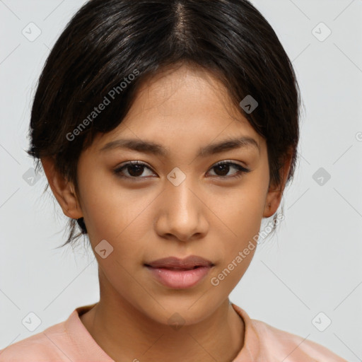 Neutral asian young-adult female with medium  brown hair and brown eyes