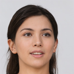 Neutral asian young-adult female with long  brown hair and brown eyes