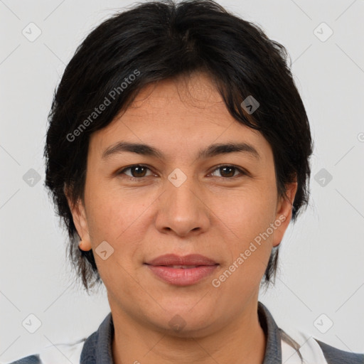 Joyful asian adult female with medium  brown hair and brown eyes