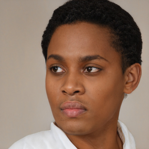 Neutral black young-adult female with short  black hair and brown eyes
