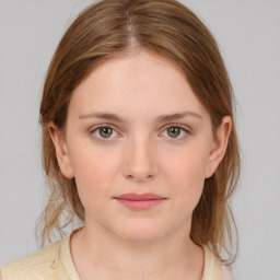 Neutral white young-adult female with medium  brown hair and grey eyes