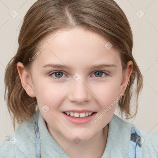 Joyful white child female with medium  brown hair and blue eyes