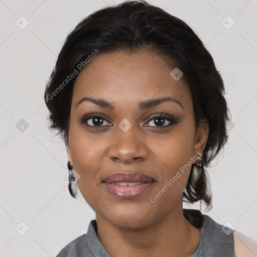 Joyful black young-adult female with medium  black hair and brown eyes