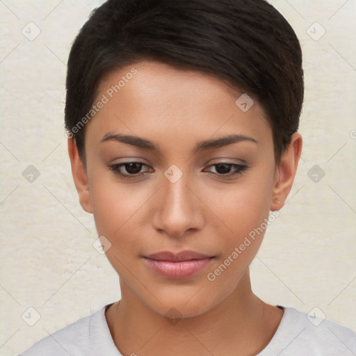 Neutral white young-adult female with short  brown hair and brown eyes