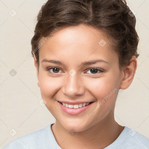 Joyful white child female with short  brown hair and brown eyes