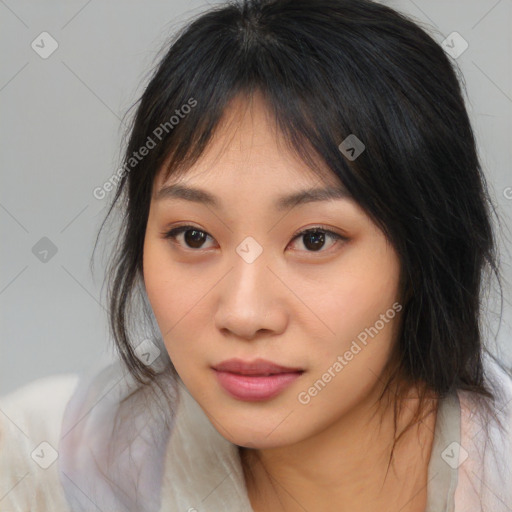 Neutral asian young-adult female with medium  brown hair and brown eyes