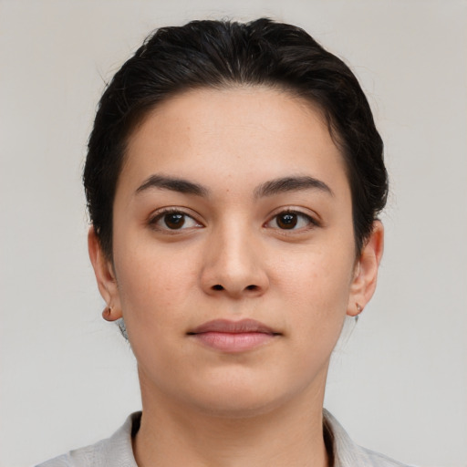 Neutral asian young-adult female with short  brown hair and brown eyes