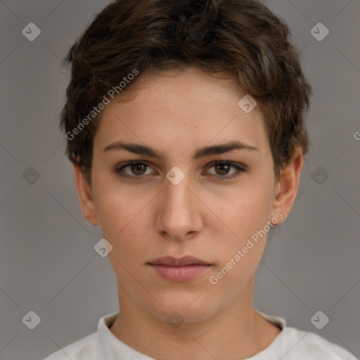 Neutral white young-adult female with short  brown hair and brown eyes