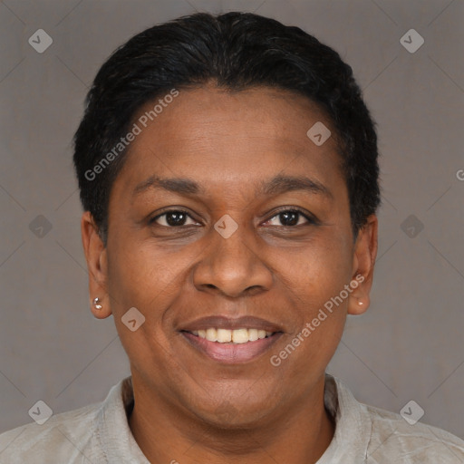 Joyful latino young-adult female with short  brown hair and brown eyes