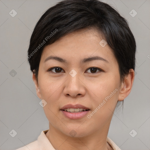 Joyful asian young-adult female with short  brown hair and brown eyes